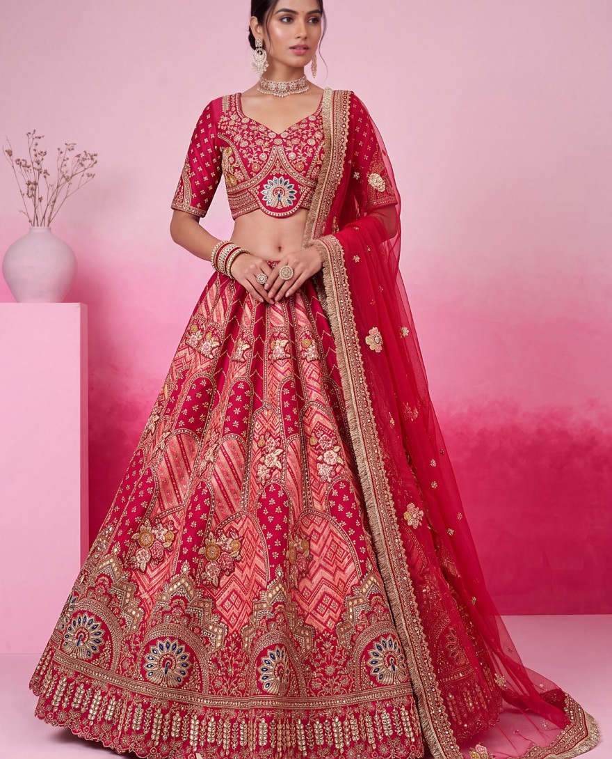3068 - Rani Pink Silk Bridal Lehenga Choli With Gota Patti